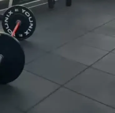 Barbell loaded with bumper plates on the rubber floor